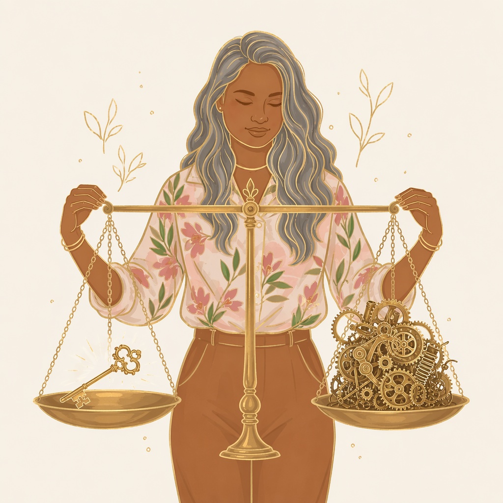 Dana holding a balance scale, an ornate key on one side and a tangled pile of gears on the other