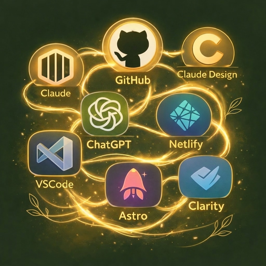 Glowing icons of the eight tools that built Playground — Claude, ChatGPT, Claude Design, GitHub, VS Code, Astro, Netlify, and Microsoft Clarity — connected by threads of gold light.